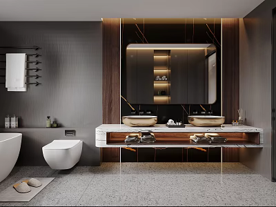 Elegant Modern Bathroom Interior With Double Vanity Marble Countertop Wooden Elements And Freestanding Bathtub 3d model