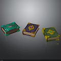 Three Colorful Decorative Books With Gemstone Accents And Ornamental Borders