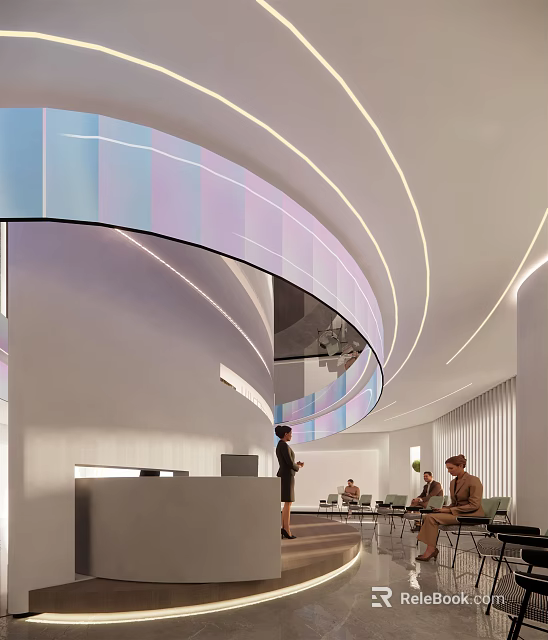 Modern Exhibition Hall Featuring Curved Architectural Design Ambient Lighting Reception Desk And Visitors 3d model 