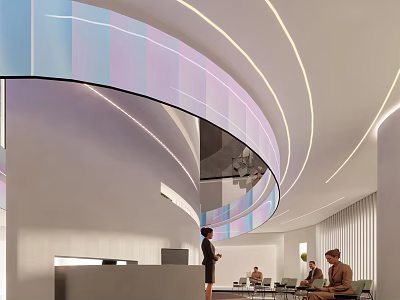 Modern Exhibition Hall Featuring Curved Architectural Design Ambient Lighting Reception Desk And Visitors 3d model