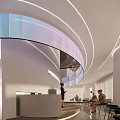 Modern Exhibition Hall Featuring Curved Architectural Design Ambient Lighting Reception Desk And Visitors