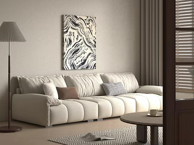 White Three Seater Sofa In Modern Living Room With Floor Lamp Abstract Painting And Curtains 3d model