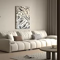 White Three Seater Sofa In Modern Living Room With Floor Lamp Abstract Painting And Curtains