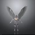 Shiny Metallic Silver Winged Humanoid Sculpture With Detailed Muscles And Outstretched Wings