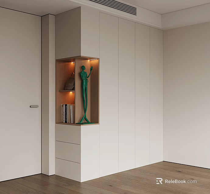 Modern White Wardrobe With Illuminated Display Niche Featuring Sculpture And Books 3d model 