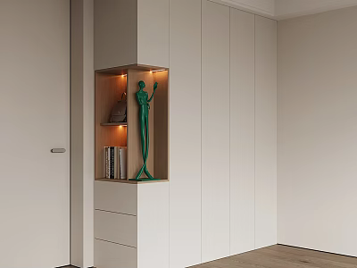 Modern White Wardrobe With Illuminated Display Niche Featuring Sculpture And Books 3d model