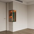 Modern White Wardrobe With Illuminated Display Niche Featuring Sculpture And Books