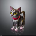 Cute 3D Kitten Model With Pink Ears Yellow Eyes Red Collar And Brown White Fur