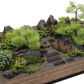 Serene Courtyard Garden with Rock Formations Lush Greenery Stone Path and Wooden Elements