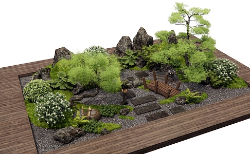 New Chinese Zen Courtyard Sick Ting Bu Stone Head rockery plant landscape plant pile landscape tree water bowl 3d model