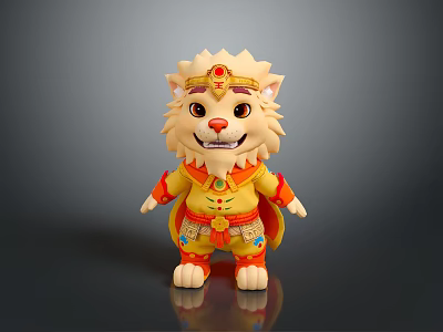Cute Cartoon Lion Doll In Yellow Decorative Outfit With Red Crown And Cheerful Expression 3d model