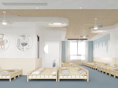 Kindergarten Sleeping Room With Wooden Beds And Cartoon Wall Art 3d model