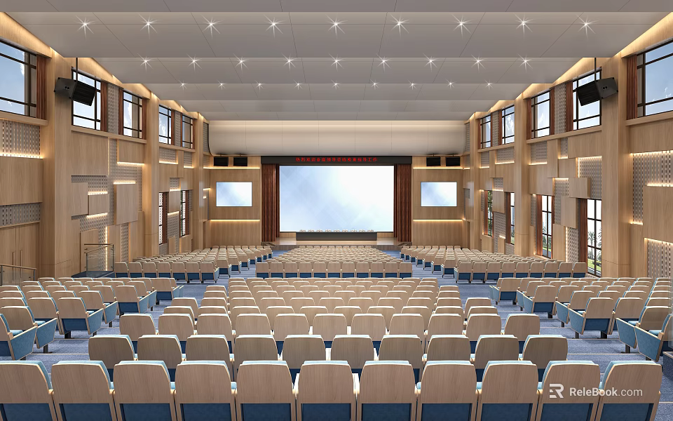 Large Modern Conference Room Interior With Rows of Seats Front Projection Screen and Side Windows 3d model 