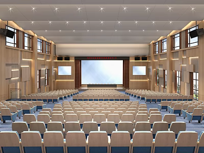Large Modern Conference Room Interior With Rows of Seats Front Projection Screen and Side Windows 3d model