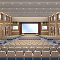 Large Modern Conference Room Interior With Rows of Seats Front Projection Screen and Side Windows