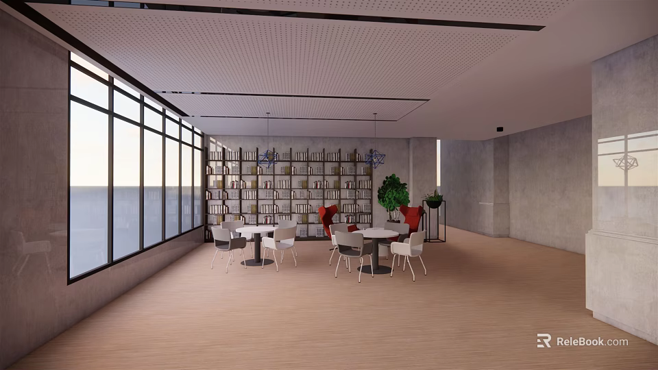 School Modern Study Area With Large Windows Bookshelves And Green Plants 3d model 