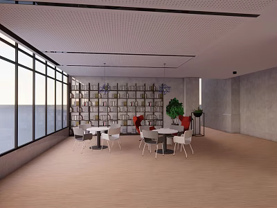 School Modern Study Area With Large Windows Bookshelves And Green Plants 3d model