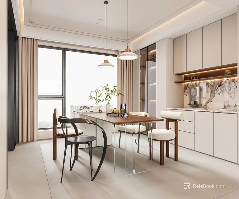 Elegant Modern Restaurant Interior With Dining Table Chairs Pendant Lights And Window View 3d model