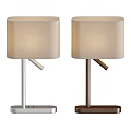 Modern Table Lamps with Silver and Brown Metal Bases and Beige Cylindrical Shades