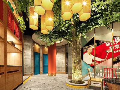 Elevator Hallway Interior Design With Hanging Lanterns Green Plants And Decorative Pillars 3d model