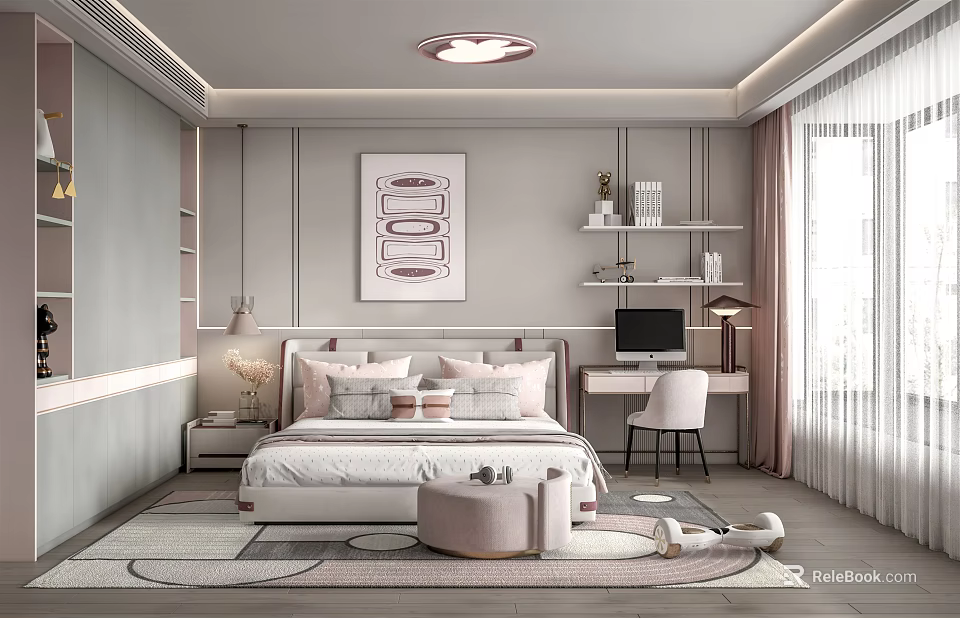 Modern Kids Room Interior With Bed Desk Chair Shelves Lamp Wall Painting And Area Rug 3d model 
