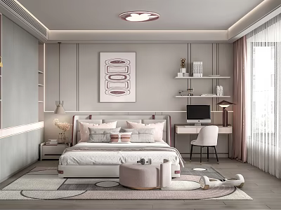 Modern Kids Room Interior With Bed Desk Chair Shelves Lamp Wall Painting And Area Rug 3d model