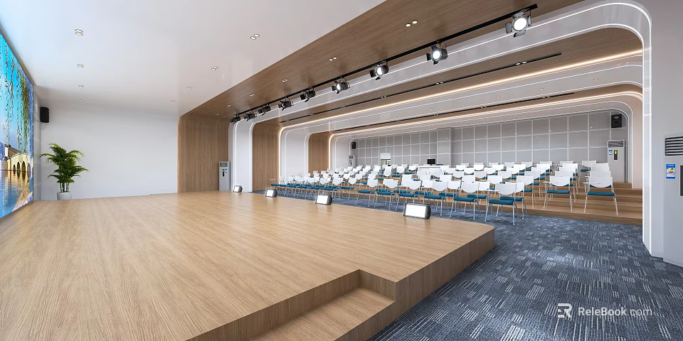 Modern Conference Room Interior With Wooden Stage Ceiling Lights And Neatly Arranged White Chairs 3d model 