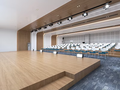 Modern Conference Room Interior With Wooden Stage Ceiling Lights And Neatly Arranged White Chairs 3d model