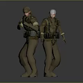 Two Military Characters in Uniform Wearing Hats Carrying Gear Standing on Gray Background