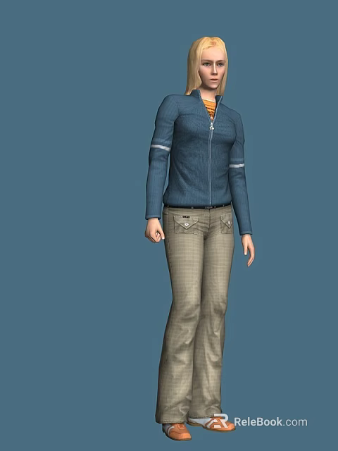 A Woman Wearing Zippered Blue Jacket With Striped Cuffs And Plaid Pants 3d model 