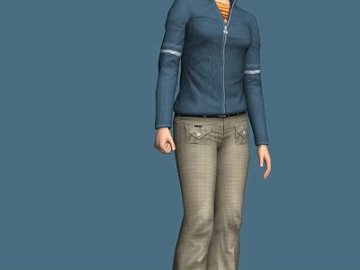 A Woman Wearing Zippered Blue Jacket With Striped Cuffs And Plaid Pants 3d model