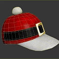 Red Santa Style Hat with White Pom Pom Black Band Gold Buckle and White Brim
