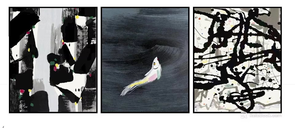 Three Abstract Artworks Featuring Colorful Fish On Dark Background 3d model 