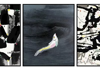 Three Abstract Artworks Featuring Colorful Fish On Dark Background 3d model