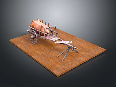 Traditional Roast Pig Cart Displayed On Wooden Platform With Roasted Pig Wheels And Metal Stand 3d model