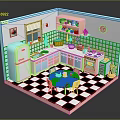Cute Vintage Kitchen Interior With Pink Blue Cabinets White Refrigerator Dining Table And Checkered Floor