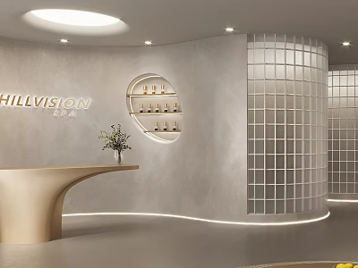 Modern Minimalist Beauty Salon Interior With Curved Reception Desk Circular Shelves And Grid Partitions 3d model