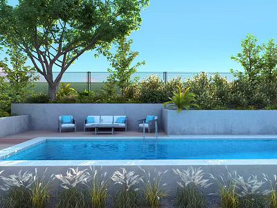 Serene Outdoor Pool Area With Lounge Chairs Green Trees And Clear Blue Sky 3d model