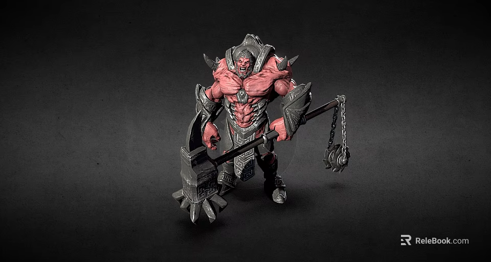 Red Skinned Muscular Warrior Creature in Spiked Armor With Giant Axe 3d model