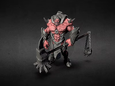 Red Skinned Muscular Warrior Creature in Spiked Armor With Giant Axe 3d model