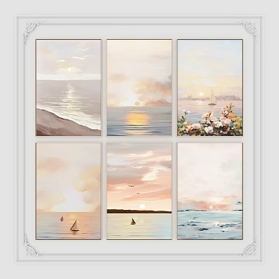 Serene Landscape Paintings Featuring Sunset Over Ocean Sailboats Floral Details And Cloudy Sky 3d model