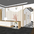 Modern Chinese Store Reception Desk With Marble Countertop Wooden Screen Red Flowers And Pendant Lights