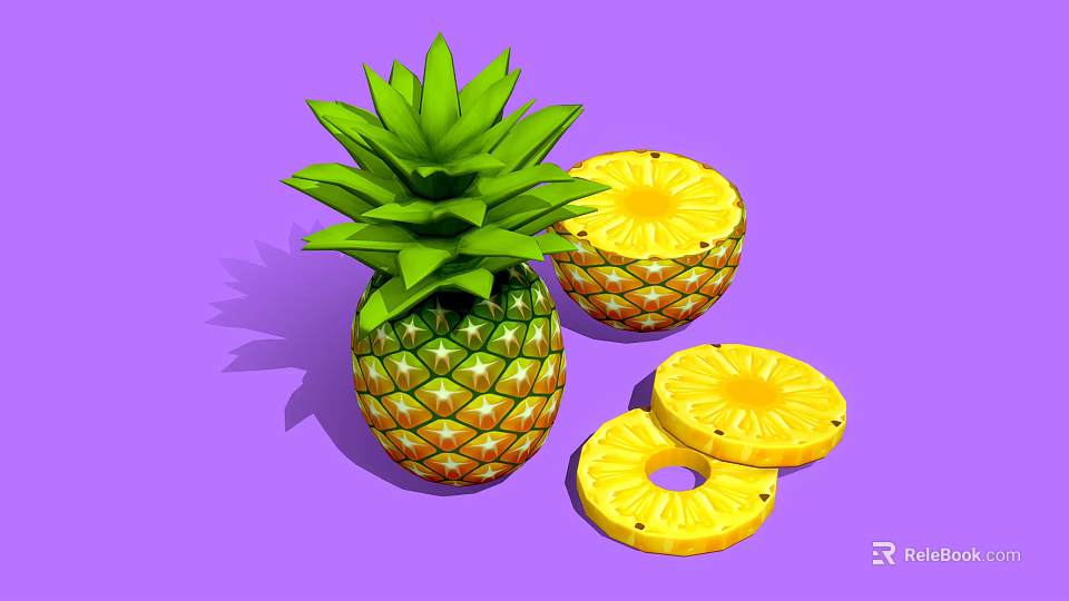 Fresh Whole Pineapple with Green Leaves Halved and Sliced Rings on Purple Background 3d model 