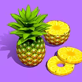 Fresh Whole Pineapple with Green Leaves Halved and Sliced Rings on Purple Background