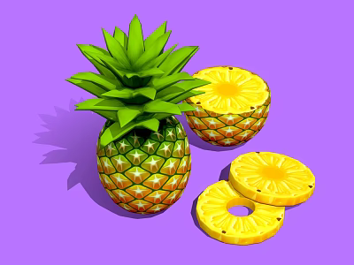 Fresh Whole Pineapple with Green Leaves Halved and Sliced Rings on Purple Background 3d model