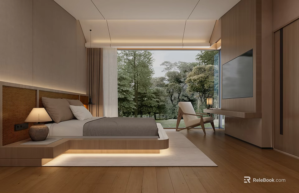 Elegant Modern Hotel Room With King Bed Floor-to-Ceiling Window Armchair Wooden Flooring And Natural View 3d model 