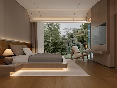 Elegant Modern Hotel Room With King Bed Floor-to-Ceiling Window Armchair Wooden Flooring And Natural View 3d model