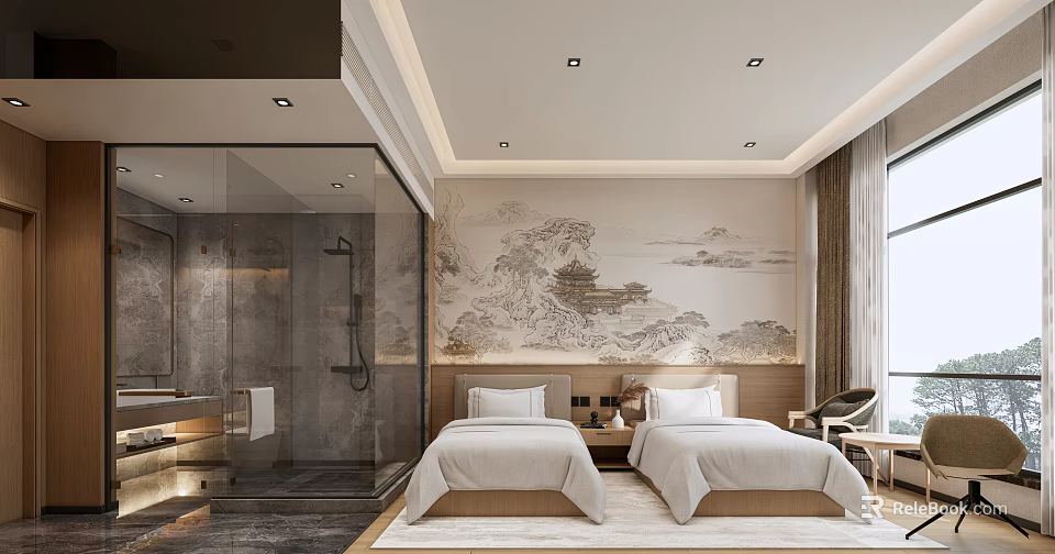 Hotel Guest Room With Twin Beds Chinese Landscape Painting Wall Open Bathroom And Glass Partition 3d model 
