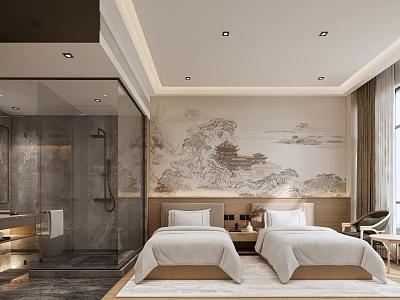 Hotel Guest Room With Twin Beds Chinese Landscape Painting Wall Open Bathroom And Glass Partition 3d model