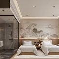 Hotel Guest Room With Twin Beds Chinese Landscape Painting Wall Open Bathroom And Glass Partition